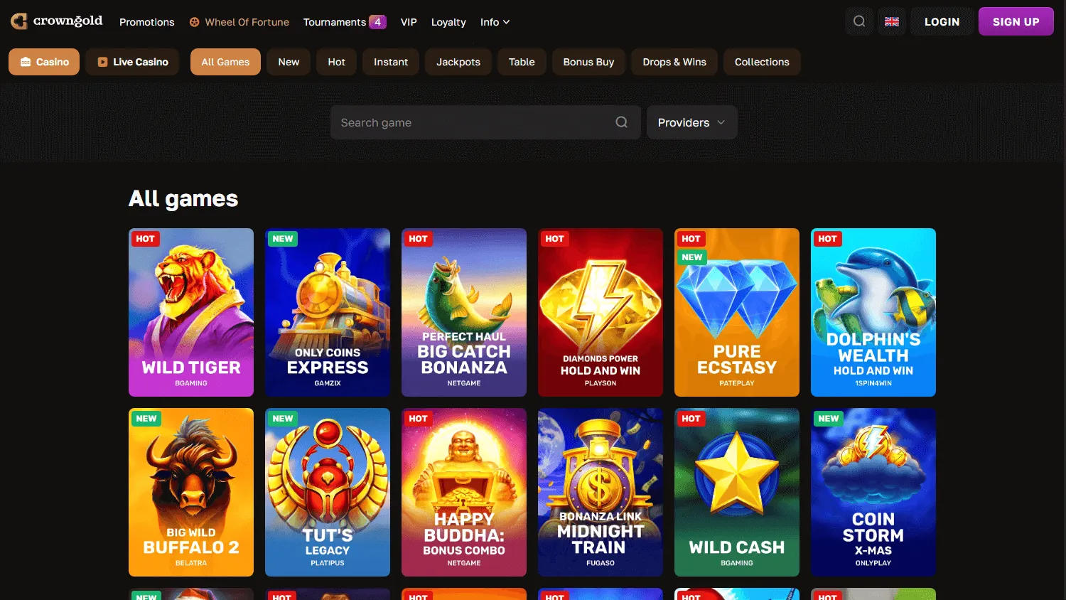 Crown Gold Casino desktop games area with pokies and casino categories