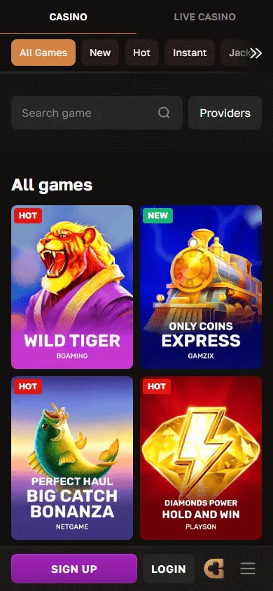 Crown Gold Casino mobile games area with pokies and live casino options