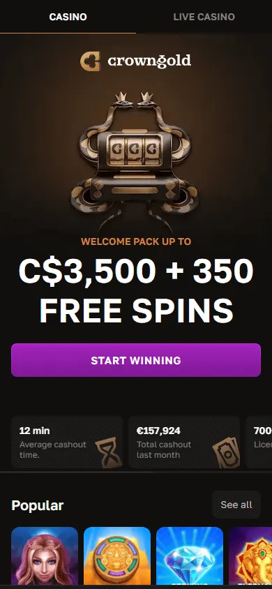 Crown Gold Casino mobile home page for Android and iOS players