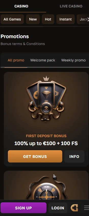 Crown Gold Casino mobile promotions area with free spins and prize features