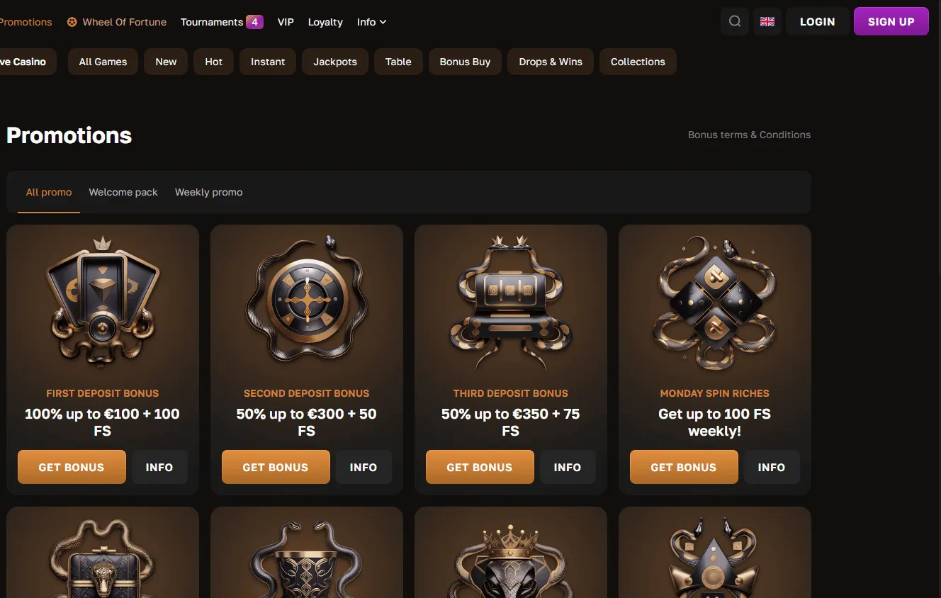Crown Gold Casino desktop promotions area with bonuses and free spins
