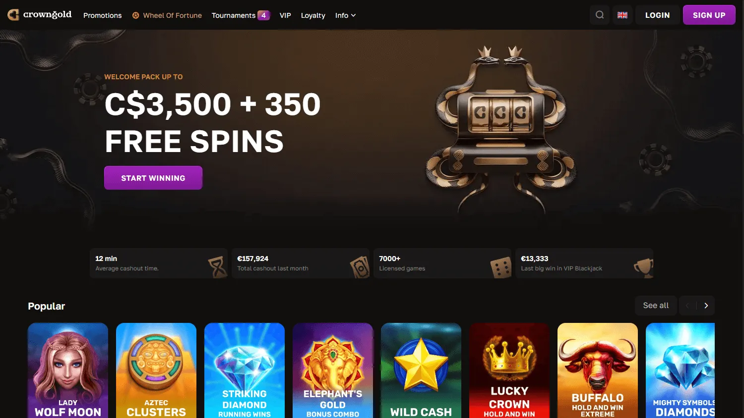 Crown Gold Casino desktop home page with Australian casino offers